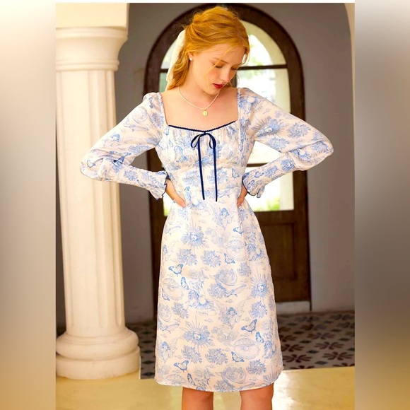 SIMPLE RETRO MILA ELEGANT SQUARE NECK CONTRAST PRINT DRESS SIZE S - Picture 2 of 16